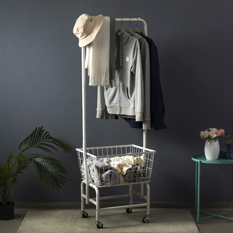 Chariot à linge roulant avec porte-vêtements et rangement en fil métallique, noir