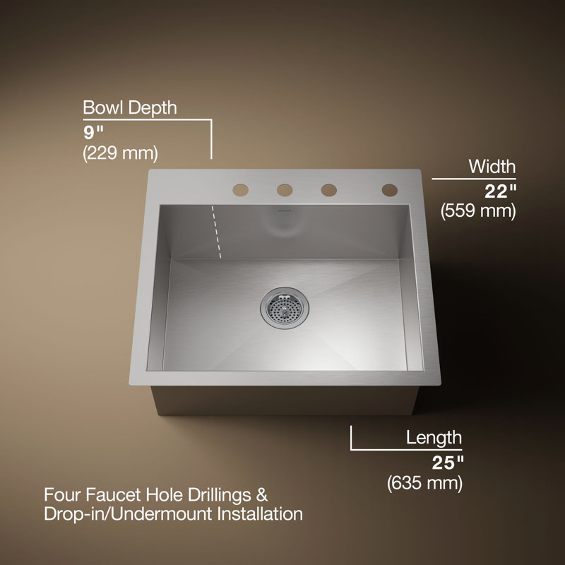 Vault 25" L x 22" W x 9-5/16" Top-Mount/Under-Mount Single-Bowl Kitchen Sink with 4 Faucet Holes, 4 Holes