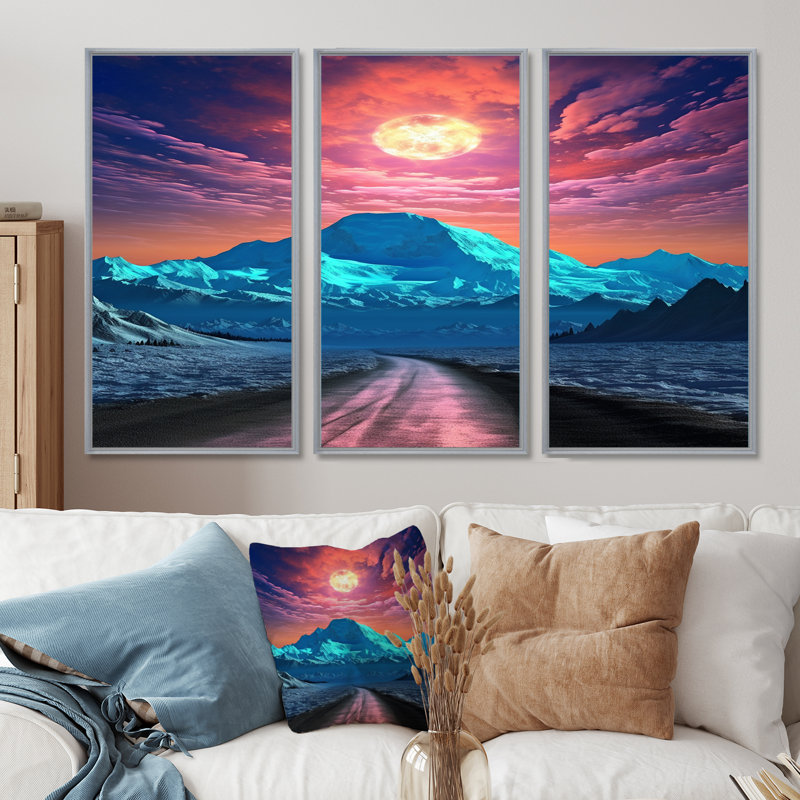 Pleine lune sur Blue Mountain Road - ensemble de reproductions d'art mural, H 40 po x l 60 po x P 1 po, Encadrement argenté