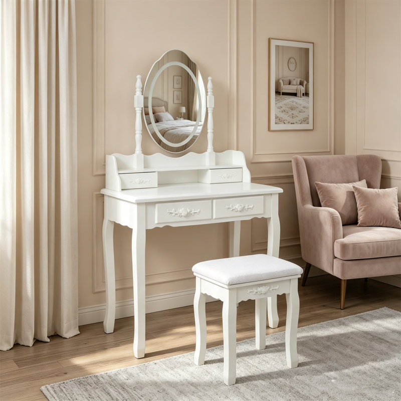 Ensemble de coiffeuse avec miroir et tabouret coussiné White Princess