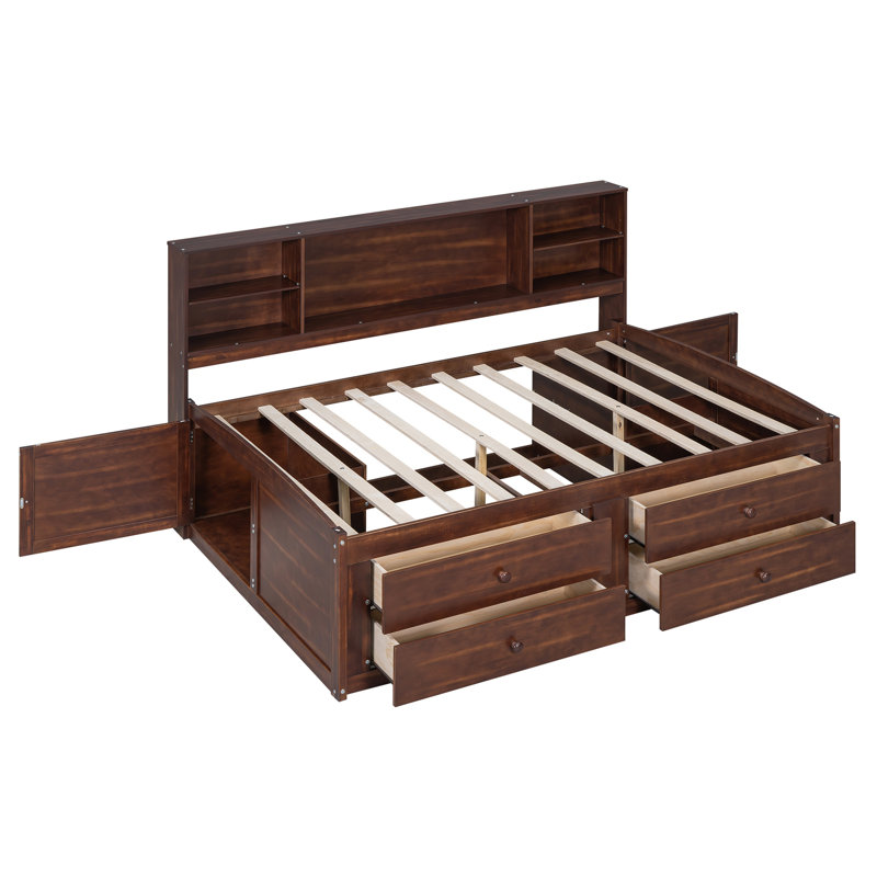Lit capitaine pleine grandeur en bois avec tablettes de rangement intégrées, 4 tiroirs et 2 armoires