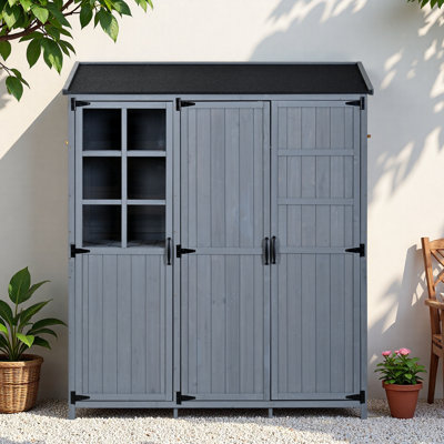 Large Patio Garden Shed With Waterproof Roof, 3 Doors Storage Cabinet, Workstation, 7 Storage Shelves, 2 Drawers And 6 Hooks