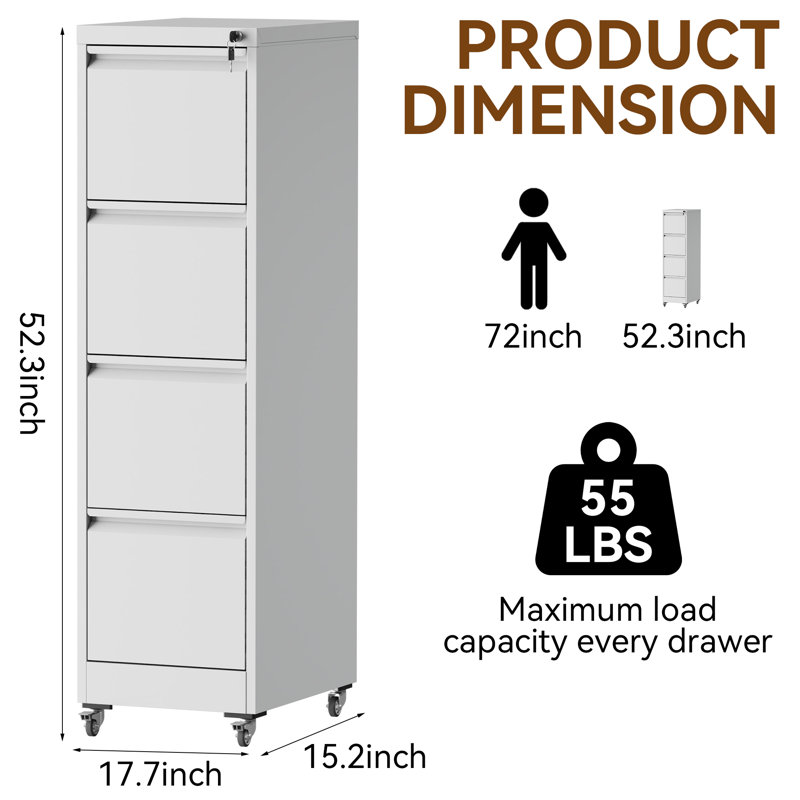 Classeur vertical à 4 tiroirs, 45 cm (L) x 133 cm (H), en métal avec serrure, monté sur roulettes – Robuste pour la maison et le bureau, blanc