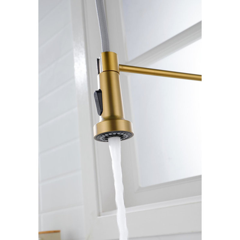 Brushed Gold Kitchen Pull-Down Tap, Stainless Steel, 360 Rotating Nozzle, Stream And Spray Modes, Easy Flow Rate & Temperature Control Steel Pull Down Faucet, Gold, High Dual Water Output Settings,