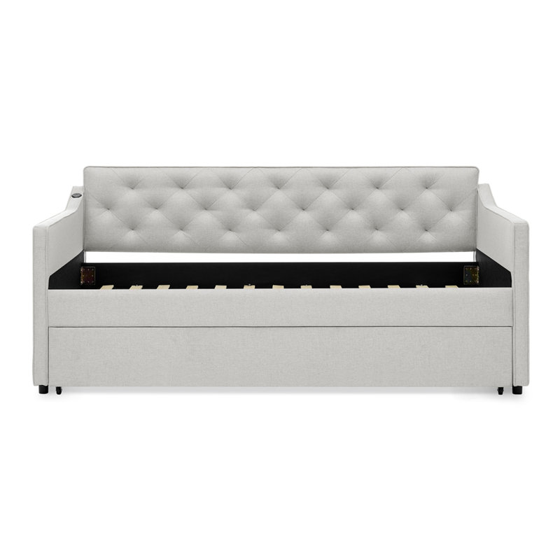 Mid-Century Button Tufted Daybed with Pull-Out Trundle, Beige, Twin