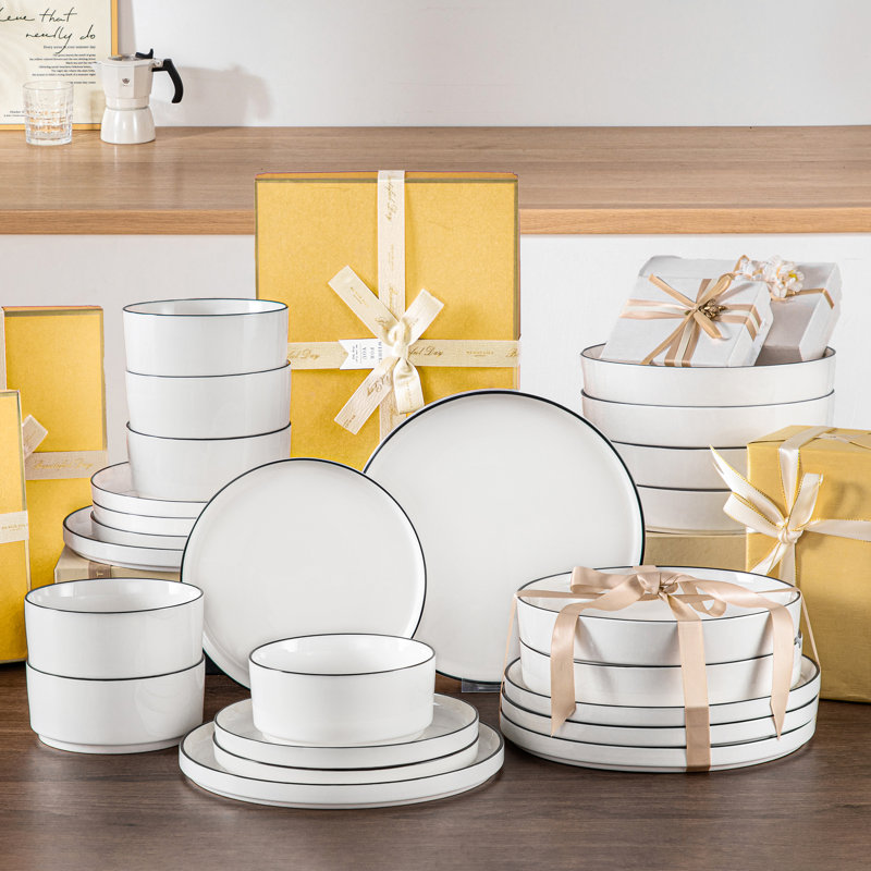 Service de table 24 pièces en porcelaine de qualité supérieure 24 pièces, service pour 6, Ivoire / blanc / noir