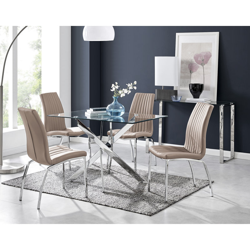 Lenworth Modern Chrome Metal and Glass Dining Table Set with 4 Luxury Faux Leather Dining Chairs, Cappuccino Beige