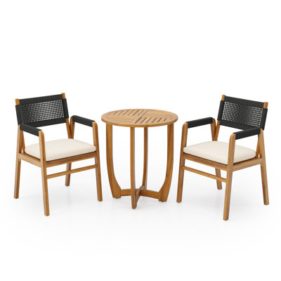 Ensemble repas d'extérieur en bois d'acacia avec coussin, corde noire et teck 3 pièces