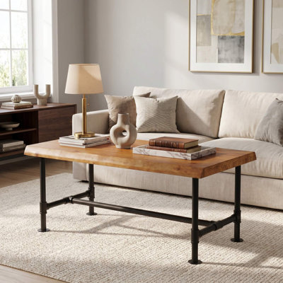 47.2" Wide Natural Live Edge Solid Pine Wood Coffee Table, Rustic Wooden Central Cocktail Accent Table for Living Room