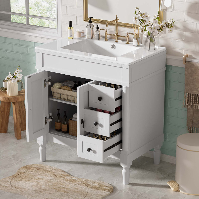 Meuble-lavabo simple 30 po avec comptoir en céramique, Black, White