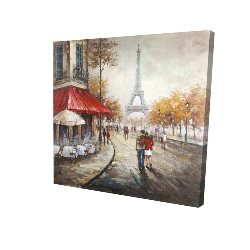 Couple marchant dans la rue Paris - Toile brune décor à la maison