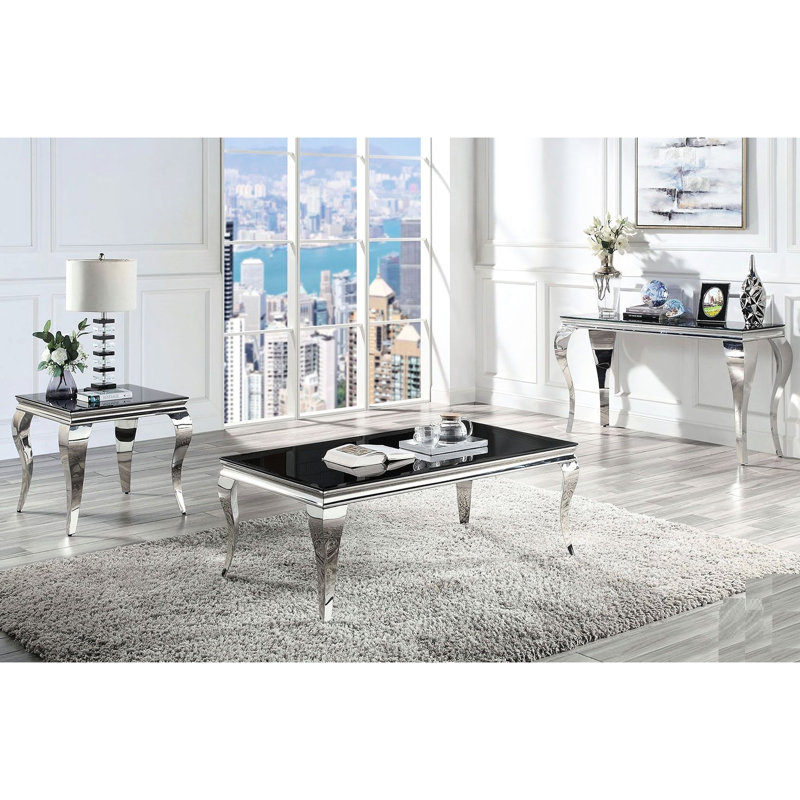 Table basse rectangulaire noire et argentée avec plateau en verre trempé et pieds en acier inoxydable