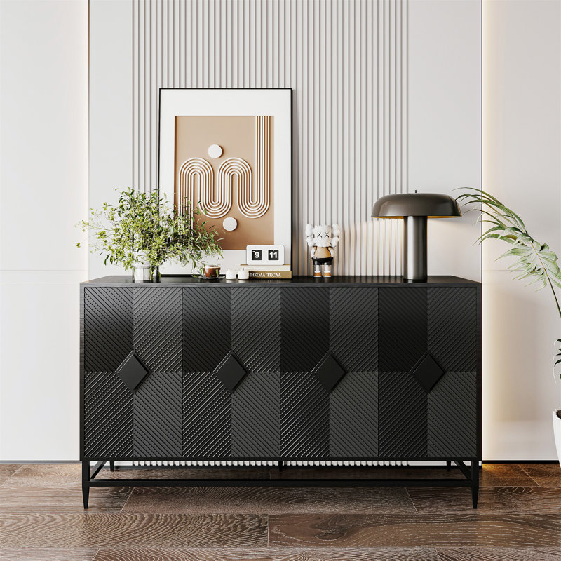 Fielden Lacquered 4 Door Wooden Cabinet, Matte Black