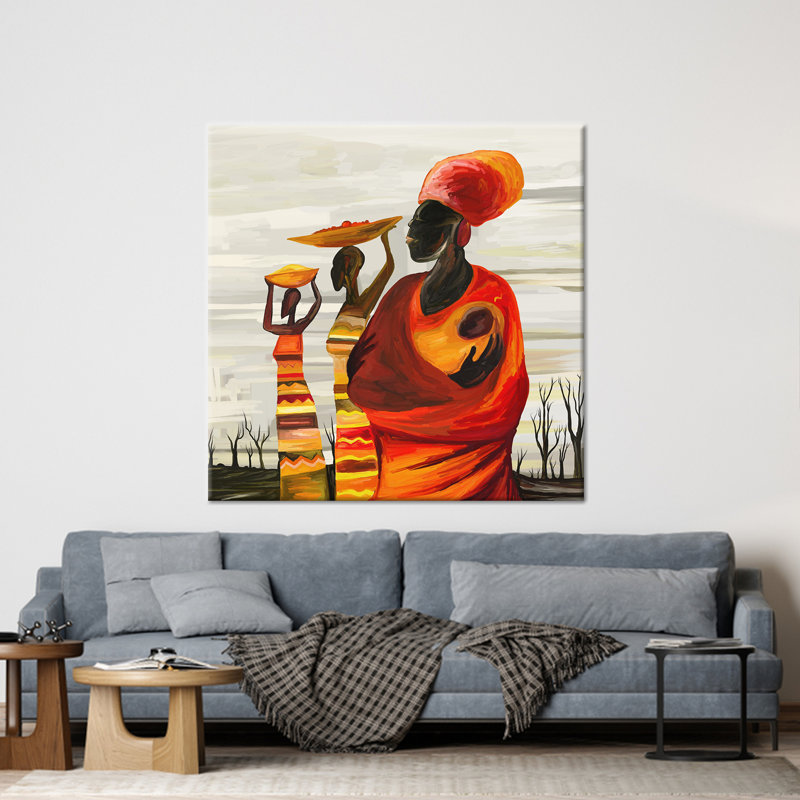 African Inspired Abstract Canvas Art featuring a Woman with Baby Wall Decor, 40 cm H x 40 cm W, Wrapped Canvas