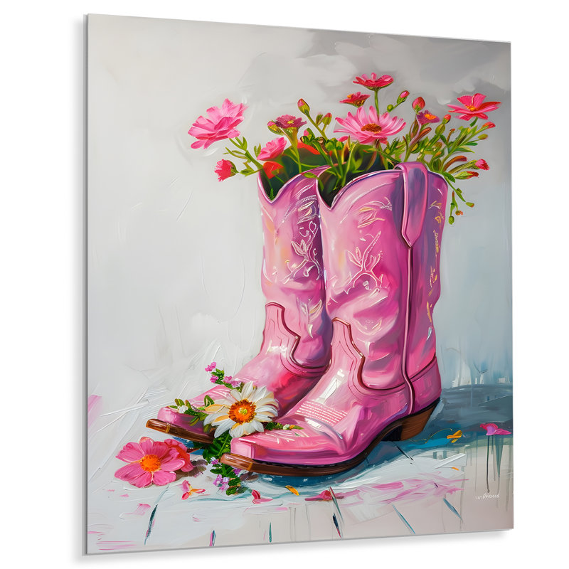 Fleurs roses, bottes de cow-boy, Métal métal, H 44 po x l 34 po x P 1,5 po