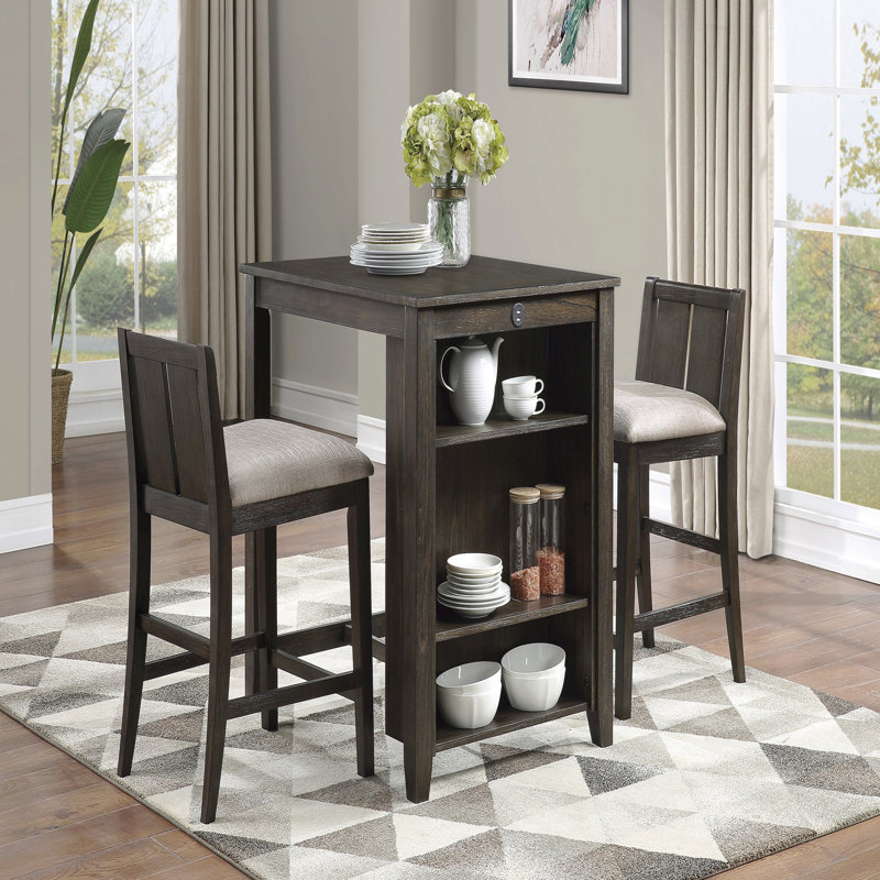 Ensemble de table 3 pièces à hauteur de comptoir avec ports USB et 2 chaises de comptoir revêtues de tissu, Brun, Brun