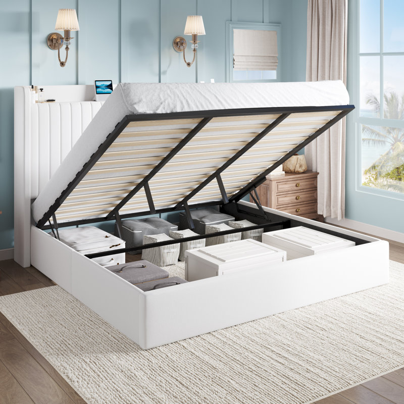 Lit plateforme tapissier hydraulique avec tablette et station de charge, Blanc, Très grand