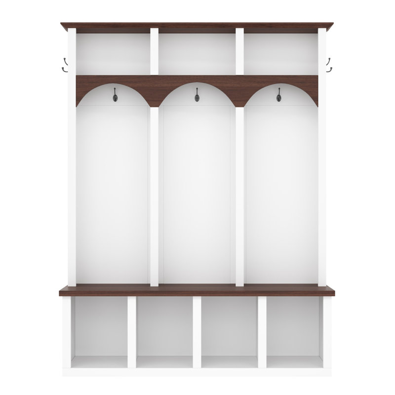 Farmhouse Wooden Style Hall Tree With Arched Design, Practical Entryway Walnut Storage Bench With 5 Black Hooks, Minimalist 4-In-1 Hallway Shoe Cabinet With 7 Cubbies For Mudroom, Living Room, White