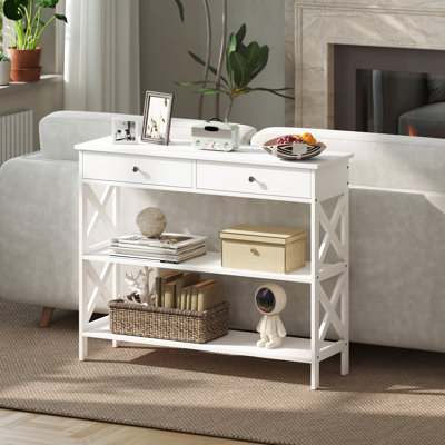 HOMCOM Console Table Side Desk Shelves Drawers Open Top X Support Hallway