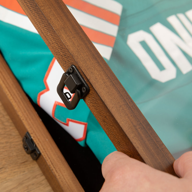 Mallick 36'' H x 24.5'' W Wooden Jersey Display Case with Foam Board and Keyed Lock, Brown Wood