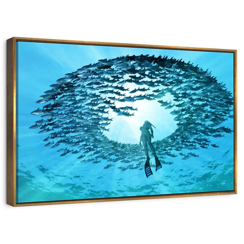 Plongée avec des poissons, Cadre flottant doré, 19 po x 13 po