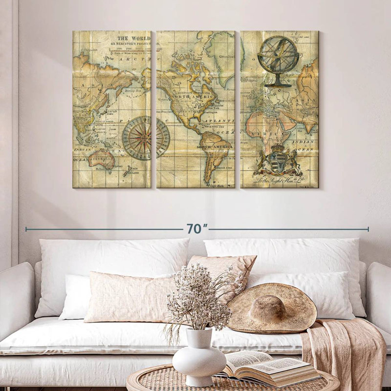 Aliaz Brown Antique World Map, 32" H x 50" W