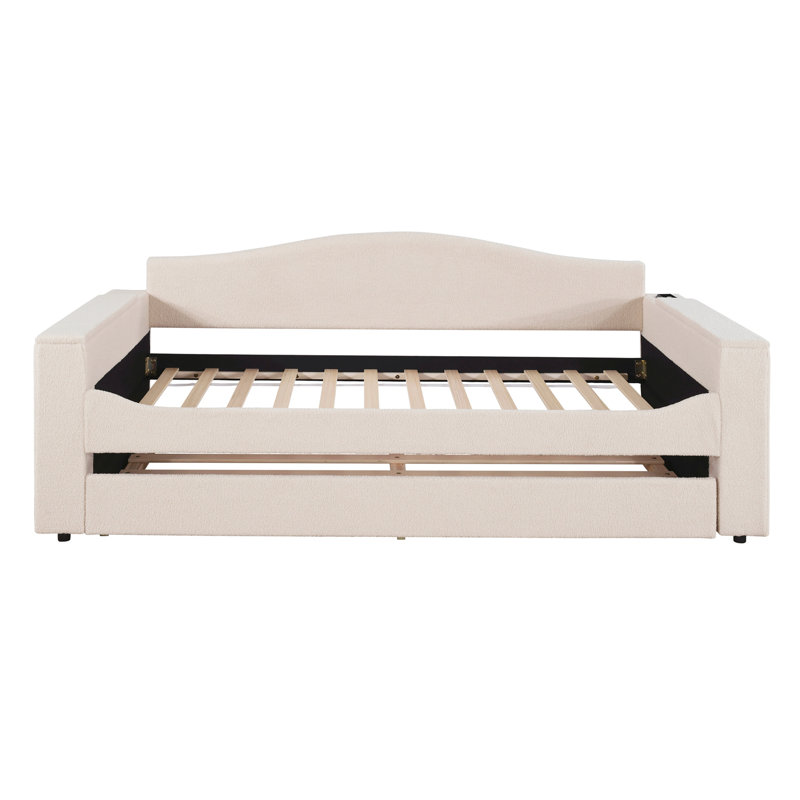 Upholstered Daybed with Storage Armrests, Trundle and Latest Integrated Bluetooth Audio System, Teddy Fleece, Beige, Twin
