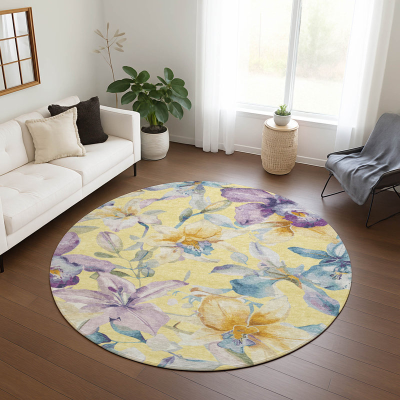 Machine Washable Indoor/Outdoor Millner ACN2262 Floral Rug, Round 8'