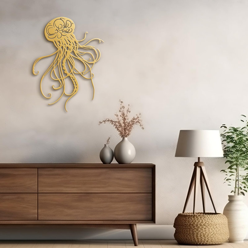 "Jellyfish" - Nautical Animals Iron Sculpture Metal Wall Art Modern Decor, Gold, 30" H x 30" W x 0.05" D