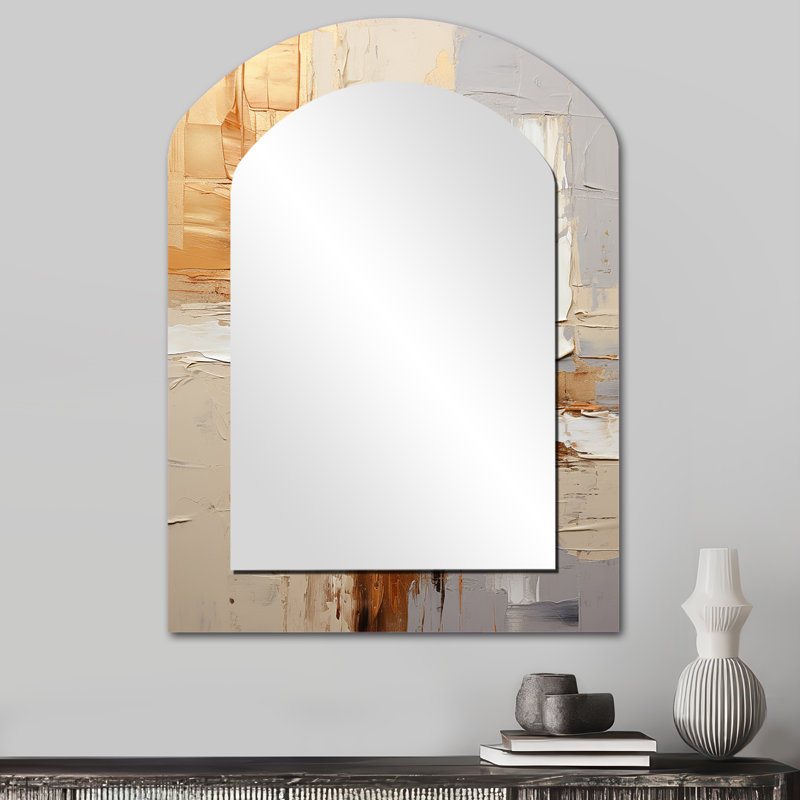 Beige Grey Geometric Collage II - Abstract Arch Decorative Mirror On Metal, 34" x 25"