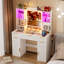 Vanity Desk With Mirror And Lights, Fluted Makeup Vanity Desk With Lights 3 Colours, Glass Top Vanity