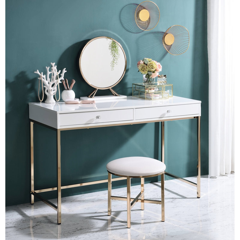 Bureau moderne blanc ultrabrillant avec 2 tiroirs pour un espace de travail de chambre à coucher