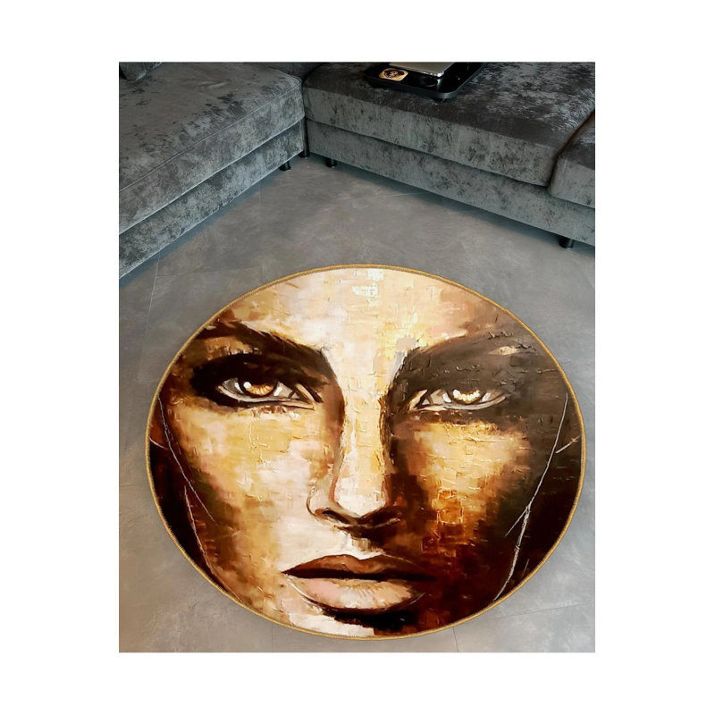 Brown Beige Woven Carpet With A Woman's Face Pattern, Round 3'4"