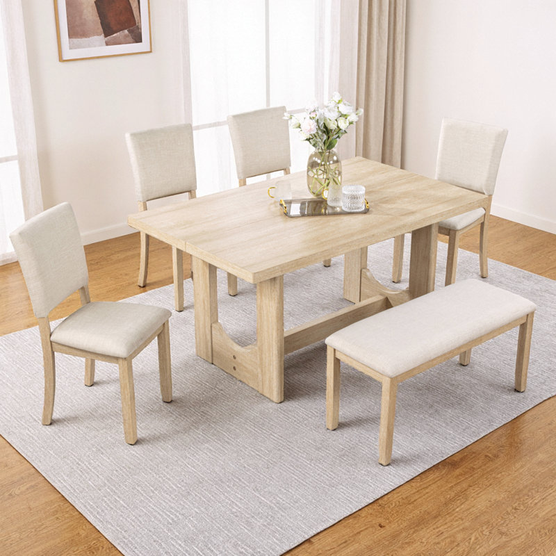 Ensemble de salle à manger Taverno 6 pièces en chêne clair, table de 145 cm avec piètement en U + banc + 4 chaises beiges, 6 places, capacité de charge de 150 kg