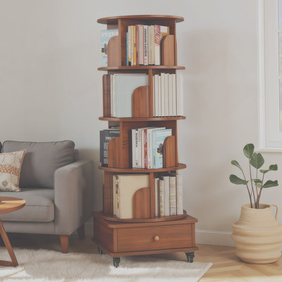 Bibliothèque rotative avec tiroir, bibliothèque d'angle à 5 niveaux à 360 degrés pour les petits espaces, étagère de rangement pour bibliothèque au sol, étagère à livres étroite en bois pour la chambre à coucher (WALNUT)