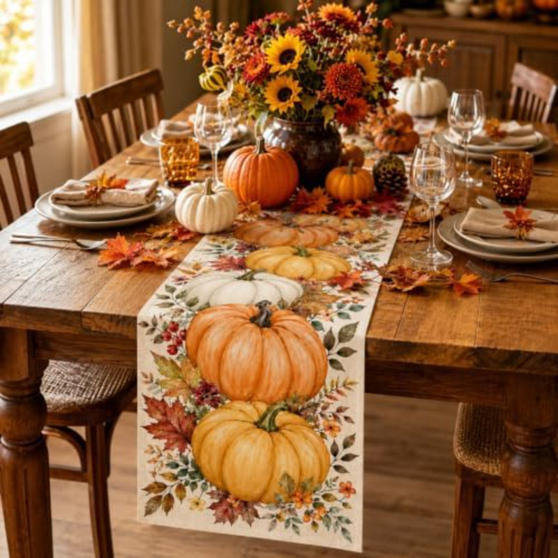 Chemin de table citrouille d'automne 13 x 108 cm pour une fête ou une cuisine de style campagnard, L 108 po