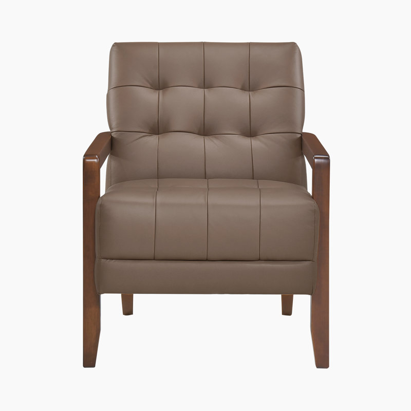 Velsen 26" Mid-Century Modern Accent Chair with Top Grain Leather, Solid Wood Arms, High-Density Foam over Pocket Coils