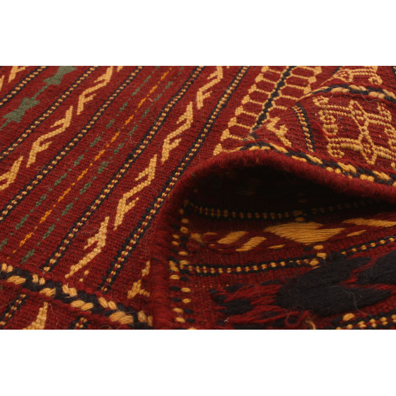 Tapis rouge foncé / jaune en laine fabriqué à la main Kilim