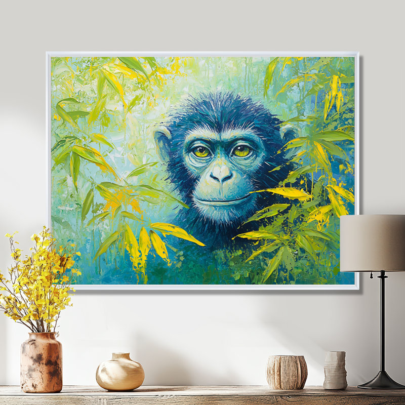 «Playful Monkey Primer In The Jungle I», art mural singe, Floater Framed Print without Mat, 16" H x 32" W, White