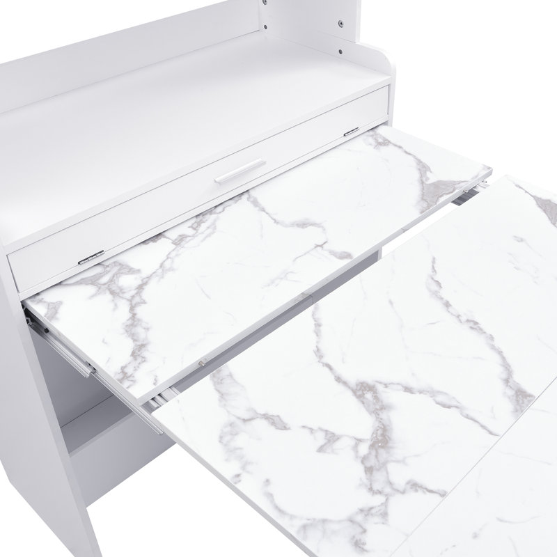 A Foldable Dining Table With A Top Cabinet And A Multi-Functional Sideboard, White