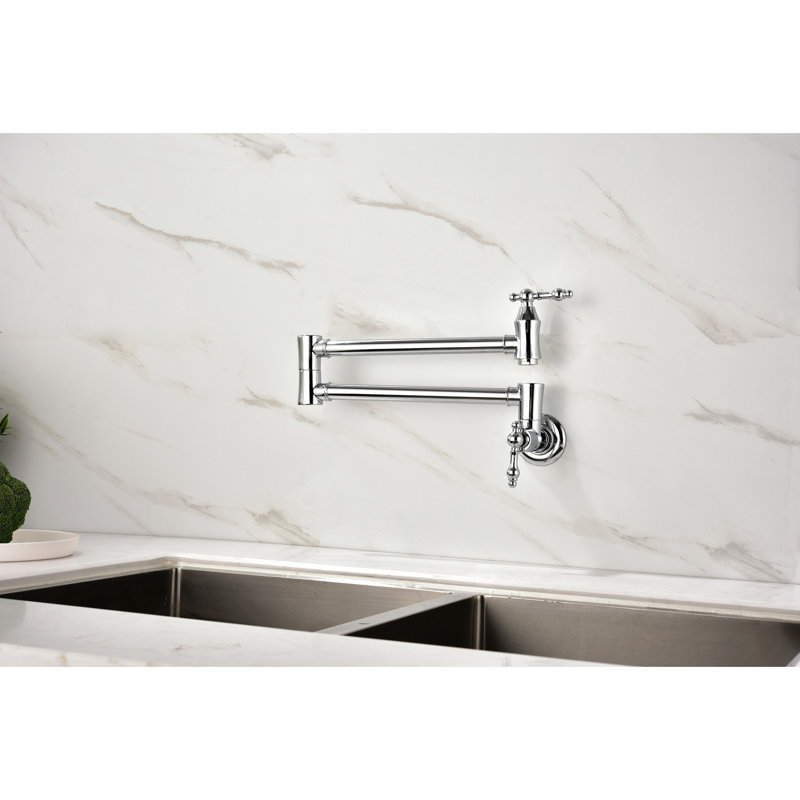 Pot Filler Faucet Wall Mount - Finish On Brass, Arm To Reach Pots Easily, Double Handles For Accurate Water Flow Control, Splash- Aerator Brass With Plating, Effortless Filling, Leakage, Quiet