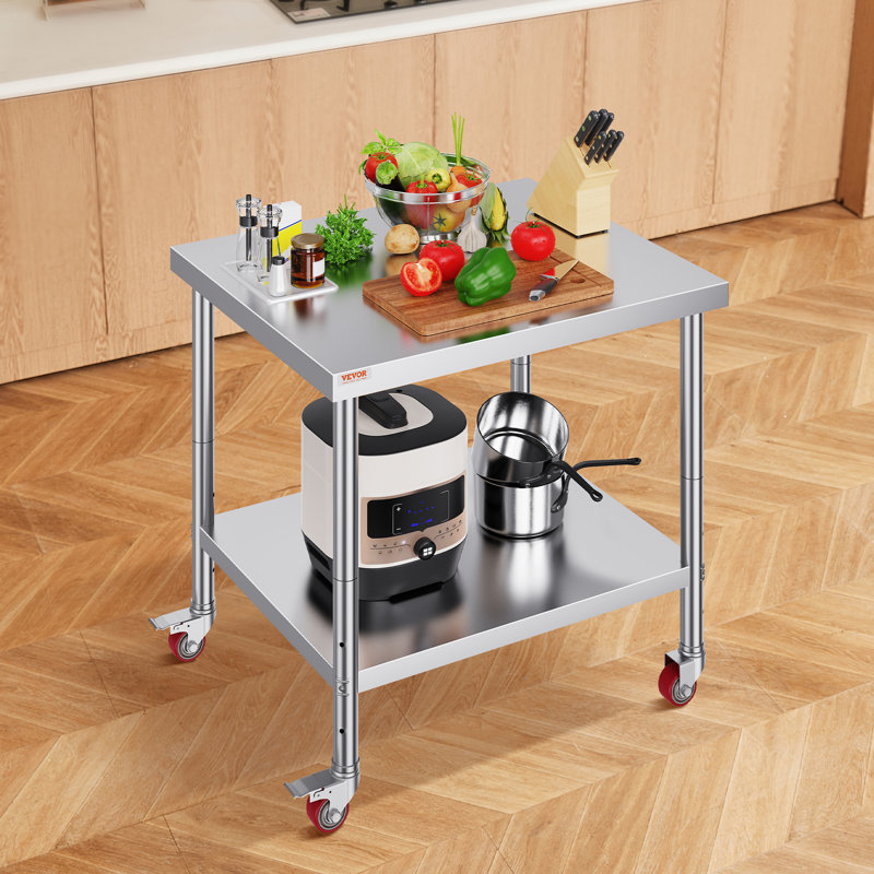 Stainless Steel Work Table 36 x 30 x 34 Inch, 700 LBS Load Capacity with 4 Wheels, 3 Adjustable Height Levels