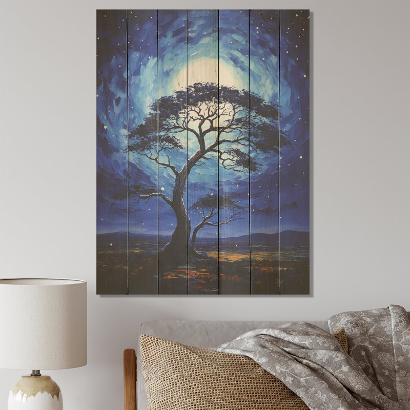Blue Serengeti Tree IV - Arbre africain sur bois, H 20 po x l 10 po