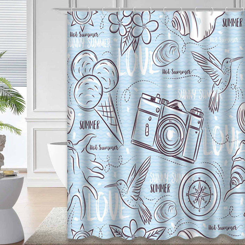 Summer Beach Camera Compass Doodle Shower Curtain with 12 Hooks, L 78 po x l 72 po