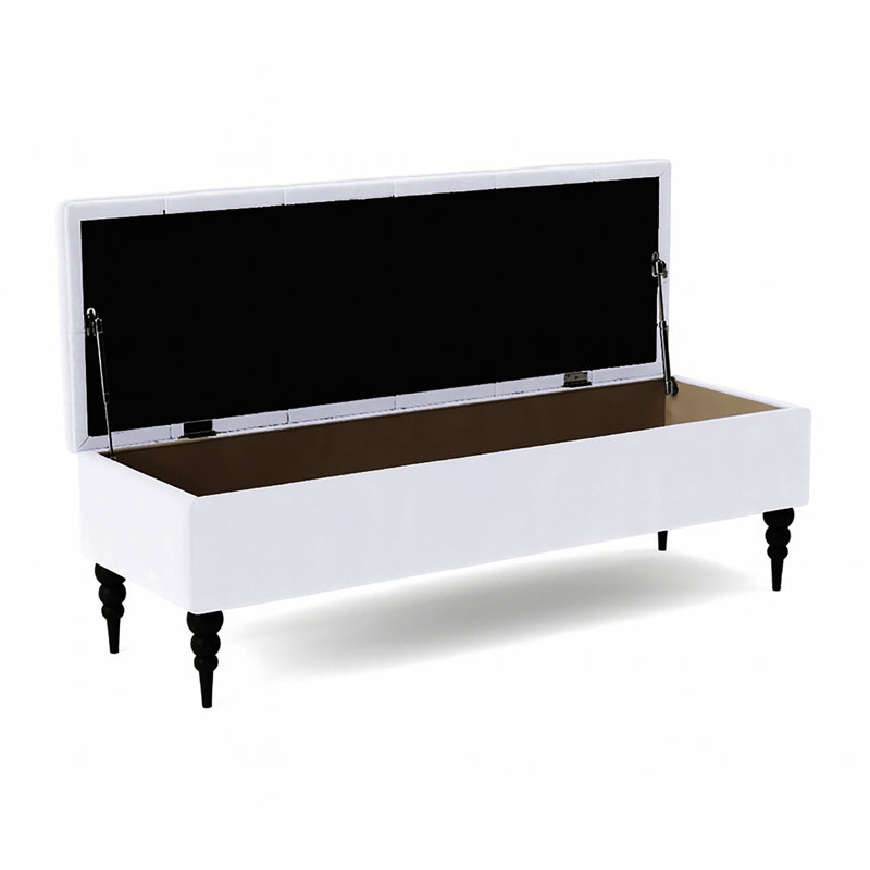 Safar Wide Tufted Rectangle Ottoman Storage Bench – Upholstery Plush Velvet Shoe Bench with Black Turned Wooden Legs, White