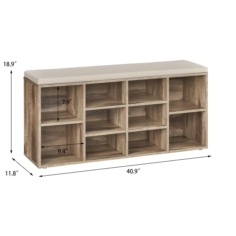 Banc d'entrée pour chaussures avec siège rembourré et 10 compartiments, Brun