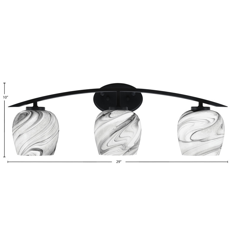 Barre d'éclairage de salle de bain 3 lumières avec verre tourbillon onyx 6 po, Noir mat