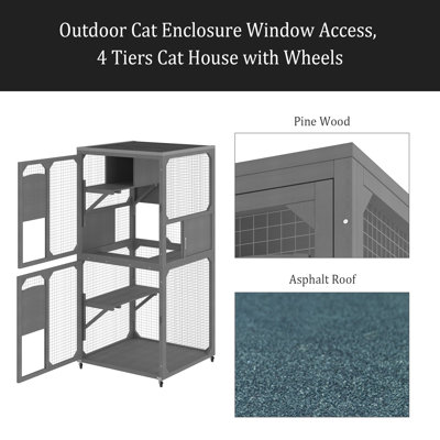 Outdoor Cat Enclosure Window Access, 4 Tiers Cat House With Wheels, Resting Box & Waterproof Roof, Indoor Large Cat House Cage