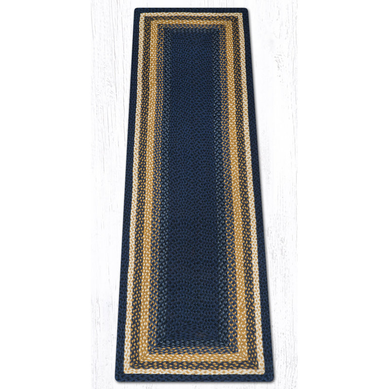  Light Blue, Dark Blue & Mustard Oblong Braided Rug – Handcrafted Quality, Runner 2' x 8'
