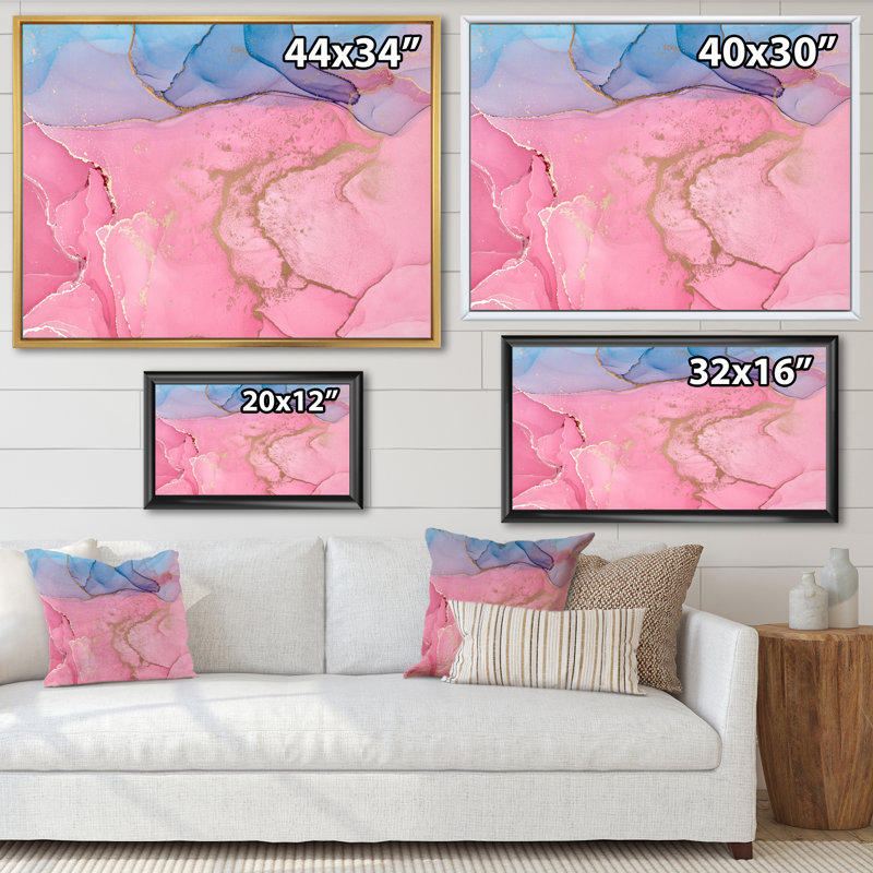 Art à l'encre rose rose avec horizon bleu - reproduction sur toile, H 34 po x l 44 po, Toile à cadre flottant blanc